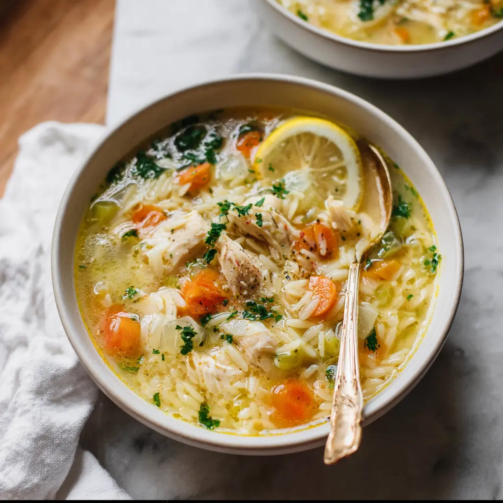 Crockpot Spring Chicken Lemon Orzo Soup recipe, served and ready to eat, easy homemade dinner