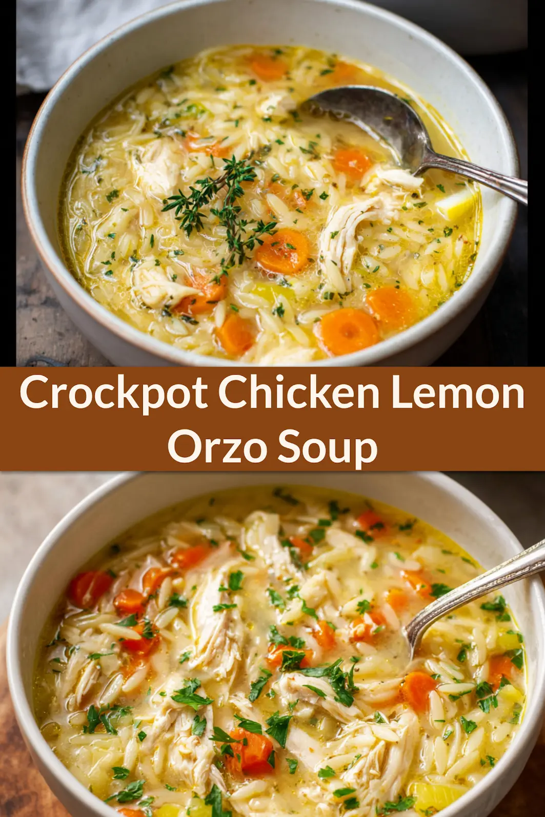 Crockpot Spring Chicken Lemon Orzo Soup recipe, served and ready to eat, easy homemade dinner