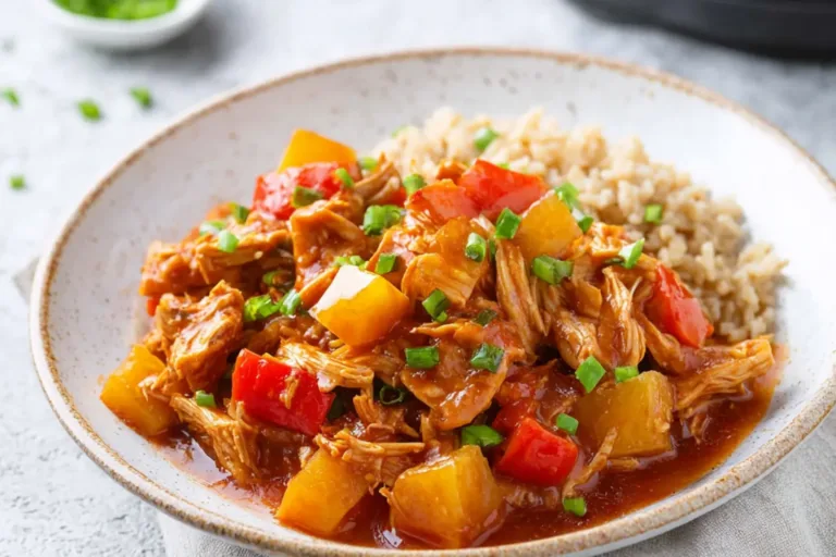 CROCKPOT SWEET HAWAIIAN CHICKEN recipe, served and ready to eat, easy homemade dinner