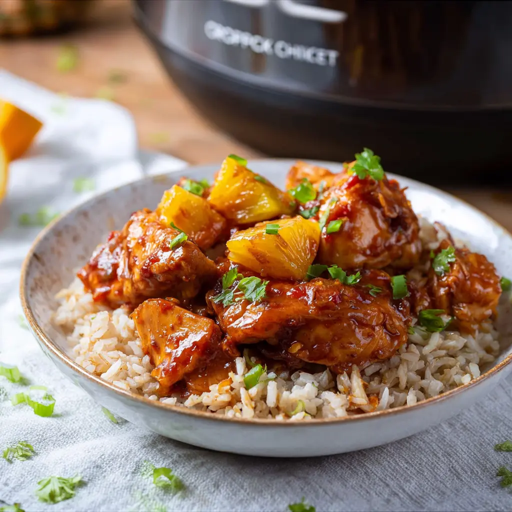 Crockpot Sweet Hawaiian Chicken served over rice, easy homemade slow cooker dinner