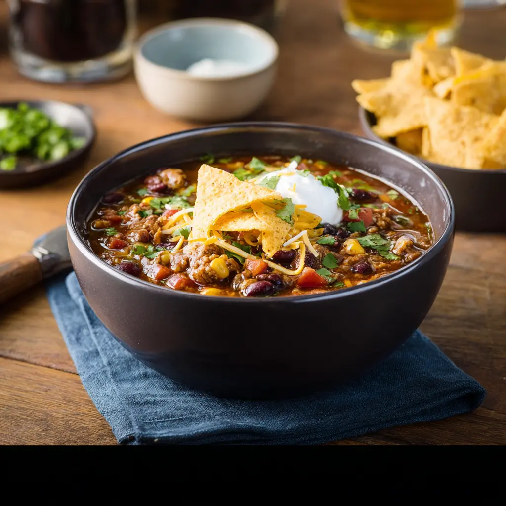 Crockpot taco soup served in a bowl, ready to eat  easy homemade slow cooker dinner