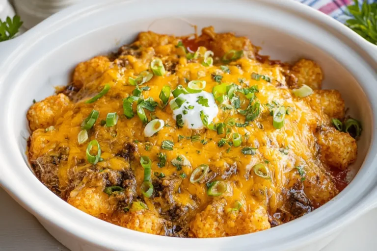 Crockpot Tater Tot Casserole recipe, served and ready to eat, easy homemade dinner