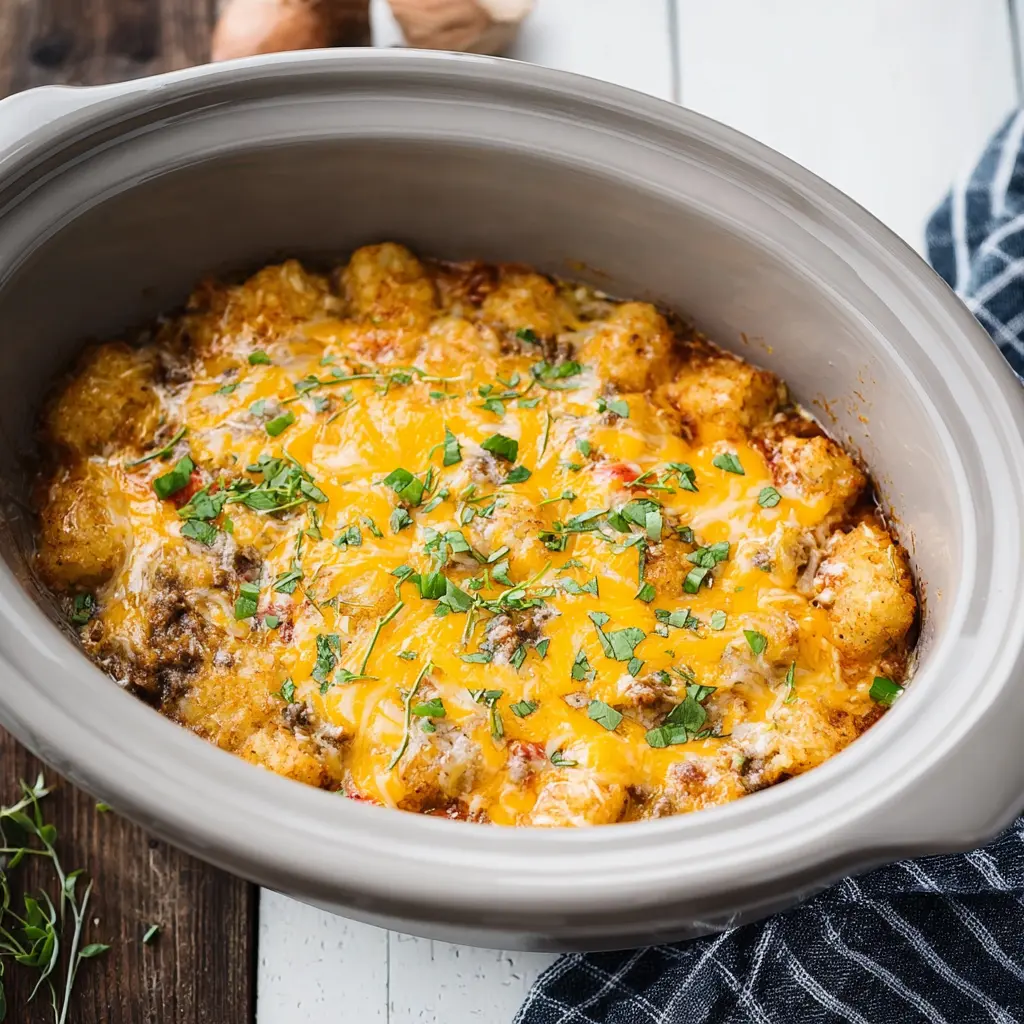 Crockpot Tater Tot Casserole recipe, served and ready to eat, easy homemade dinner