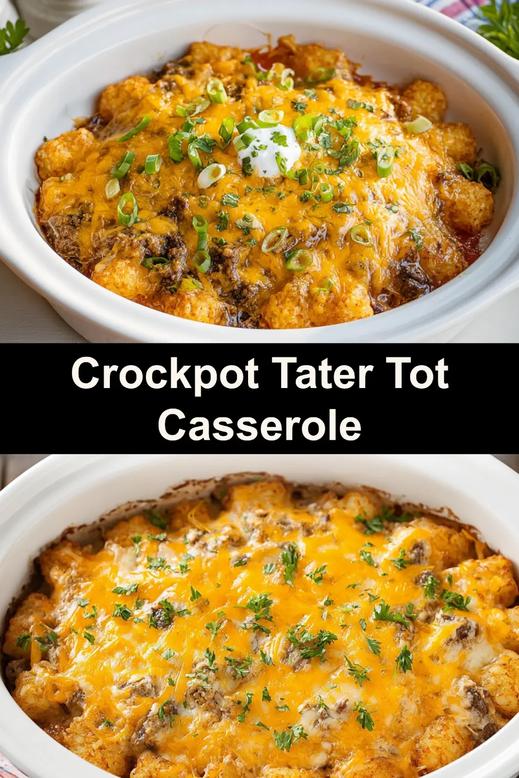 Crockpot Tater Tot Casserole recipe, served and ready to eat, easy homemade dinner