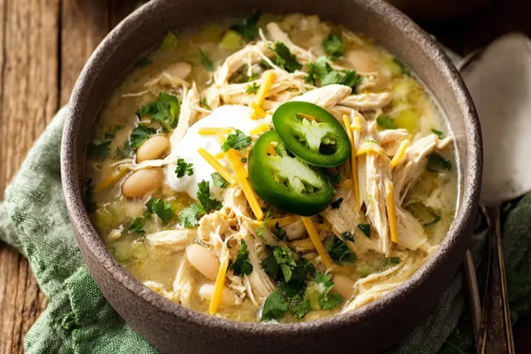 Crockpot White Chicken Chili recipe, served and ready to eat, easy homemade dinner