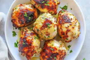 GARLIC BUTTER AIR FRYER CHICKEN THIGHS recipe, served and ready to eat, easy homemade dinner