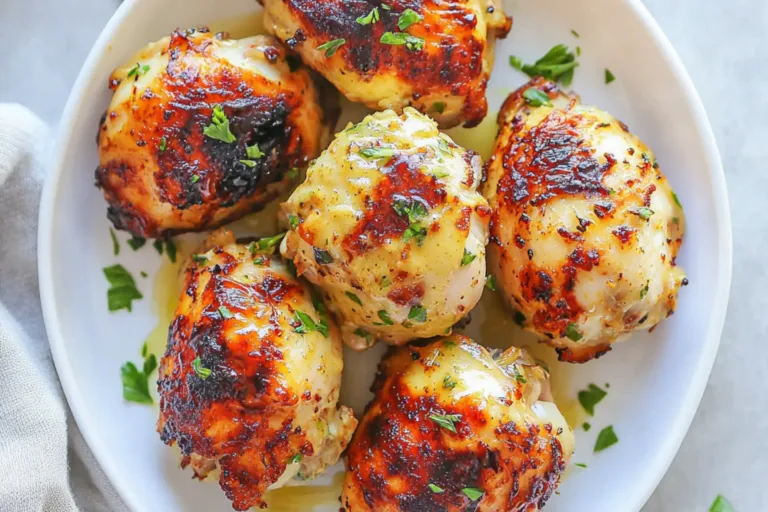 GARLIC BUTTER AIR FRYER CHICKEN THIGHS recipe, served and ready to eat, easy homemade dinner