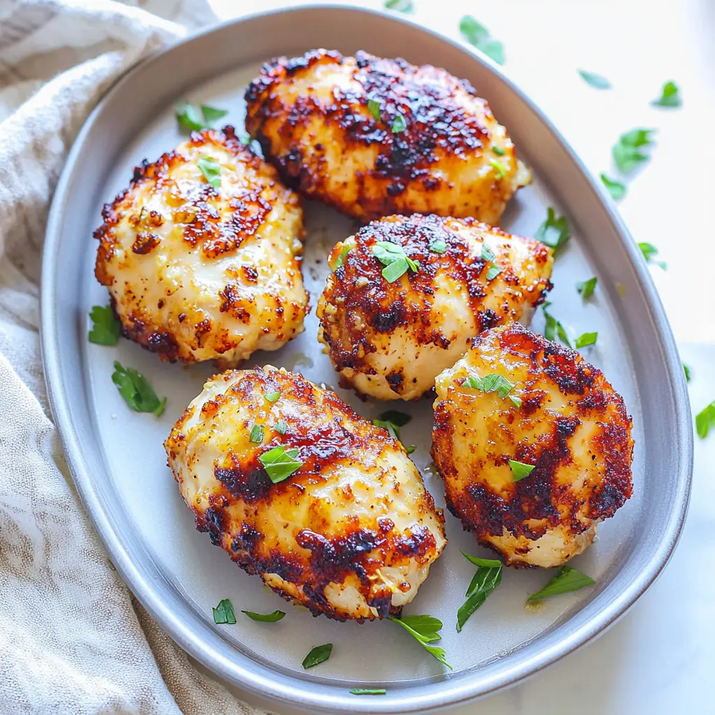 GARLIC BUTTER AIR FRYER CHICKEN THIGHS recipe, served and ready to eat, easy homemade dinner