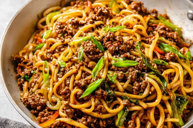 Ground Beef Mongolian Noodles recipe, served and ready to eat, easy homemade dish