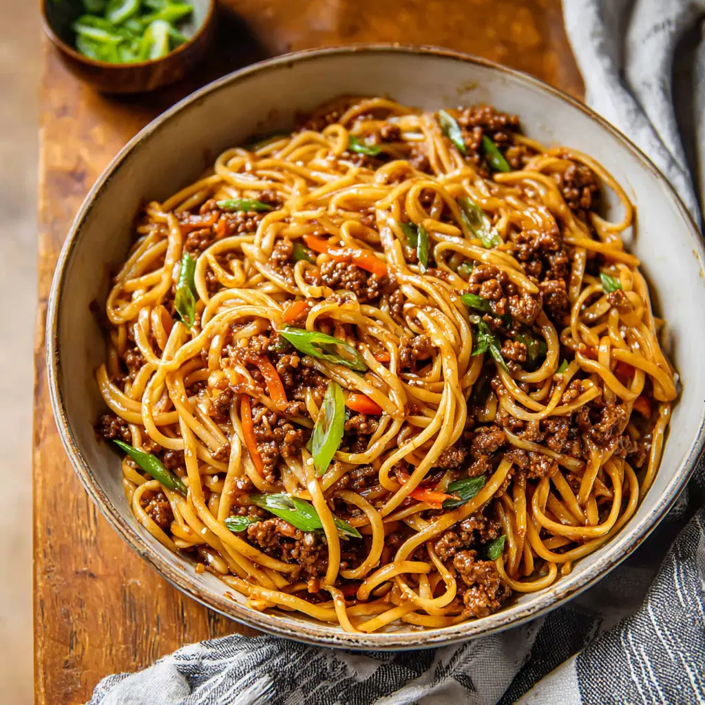 Ground Beef Mongolian Noodles recipe, served and ready to eat, easy homemade dish