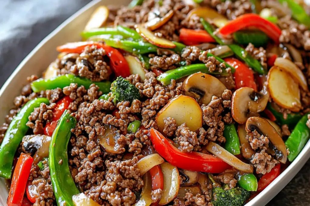 Ground Beef Stir Fry Vegetables recipe, served and ready to eat, easy homemade dinner
