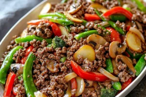Ground Beef Stir Fry Vegetables recipe, served and ready to eat, easy homemade dinner