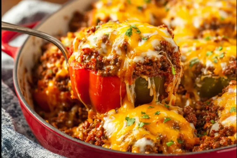 Ground Beef Stuffed Pepper Casserole recipe, served and ready to eat, easy homemade dish