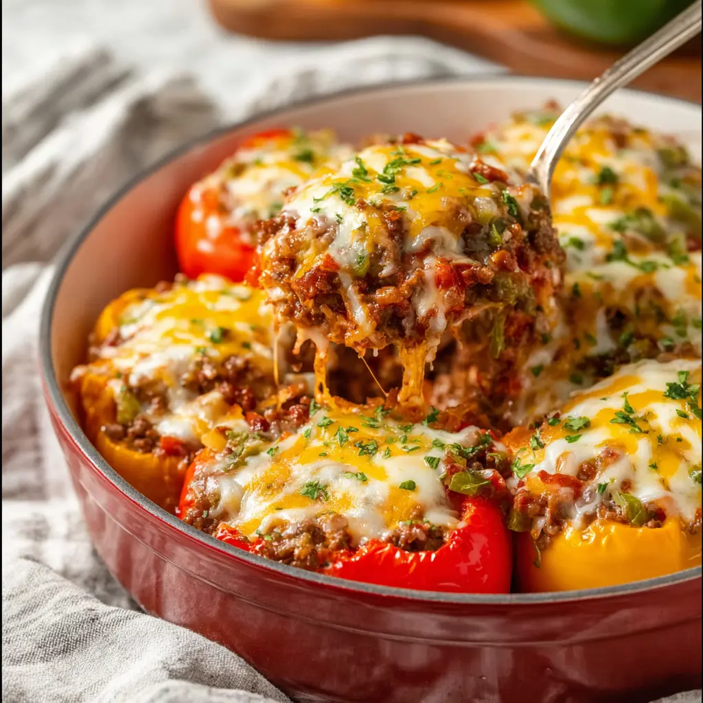 Ground Beef Stuffed Pepper Casserole served and ready to eat, an easy homemade one-pan dish