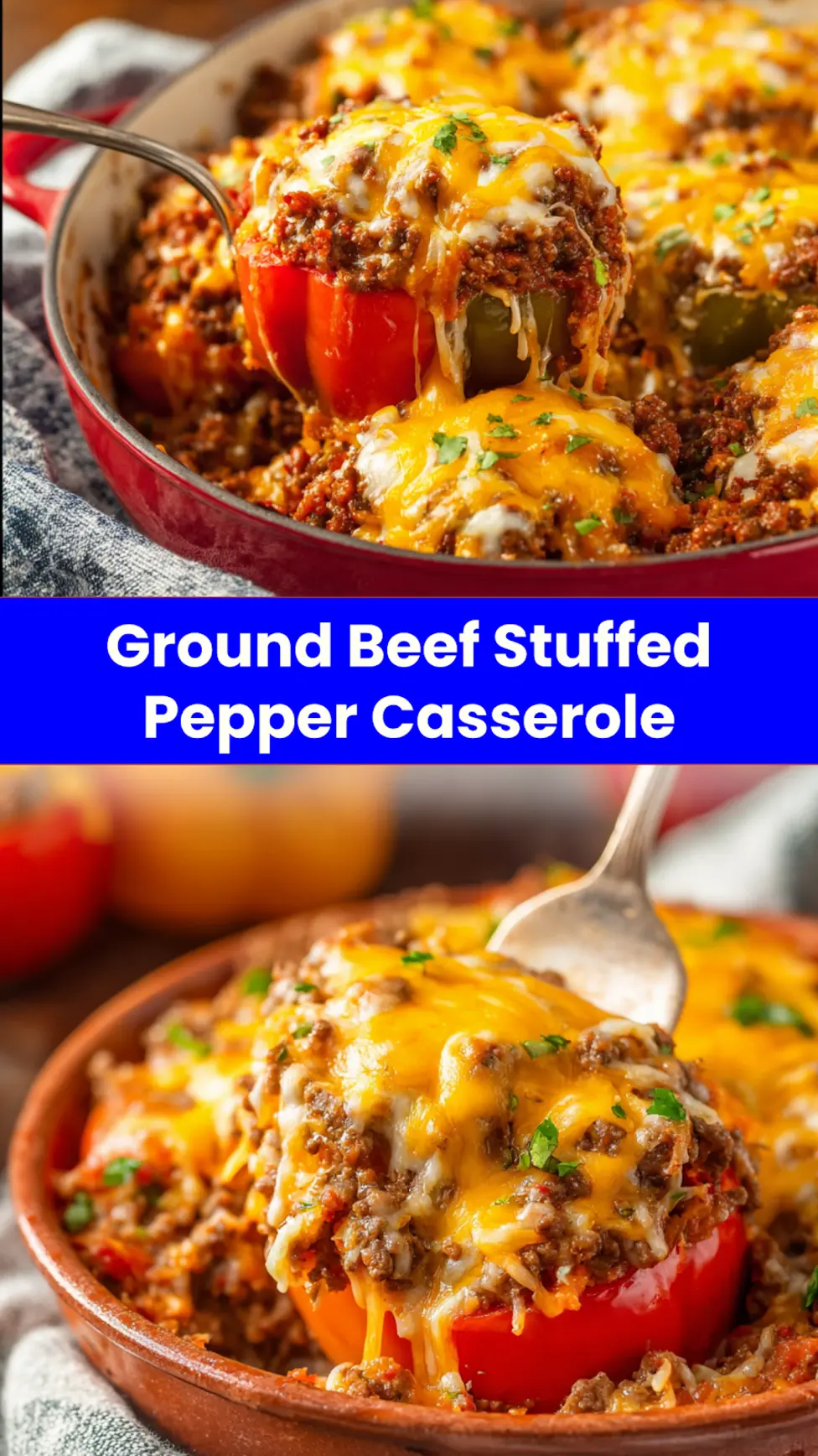 Ground Beef Stuffed Pepper Casserole served and ready to eat, easy homemade one-pan dish