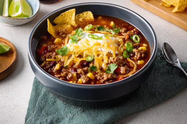 Ground Beef Taco Soup Crockpot recipe, served and ready to eat, easy homemade dish