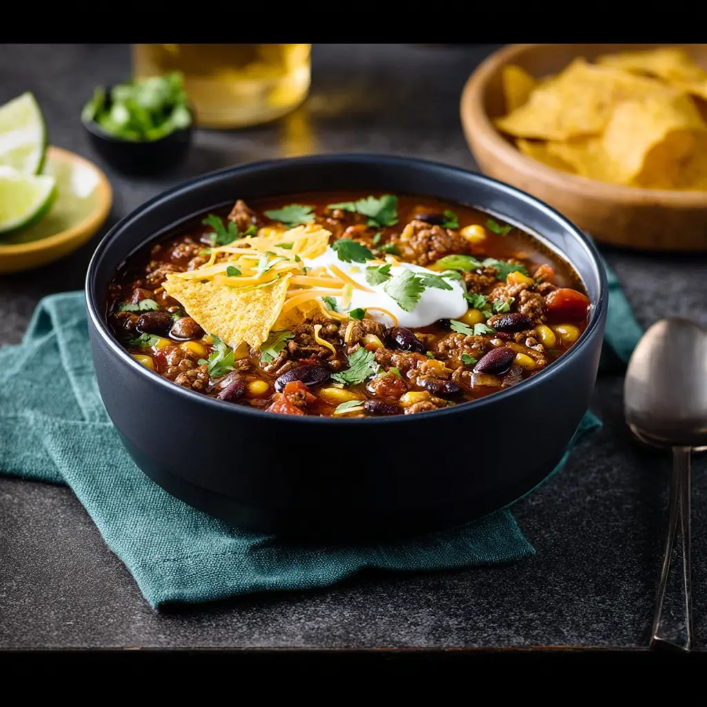 Ground Beef Taco Soup Crockpot recipe, served and ready to eat, easy homemade dish