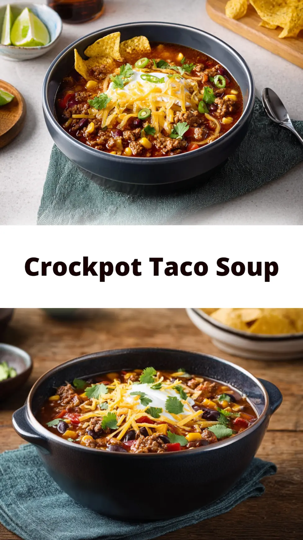 Ground Beef Taco Soup Crockpot recipe, served and ready to eat, easy homemade dish