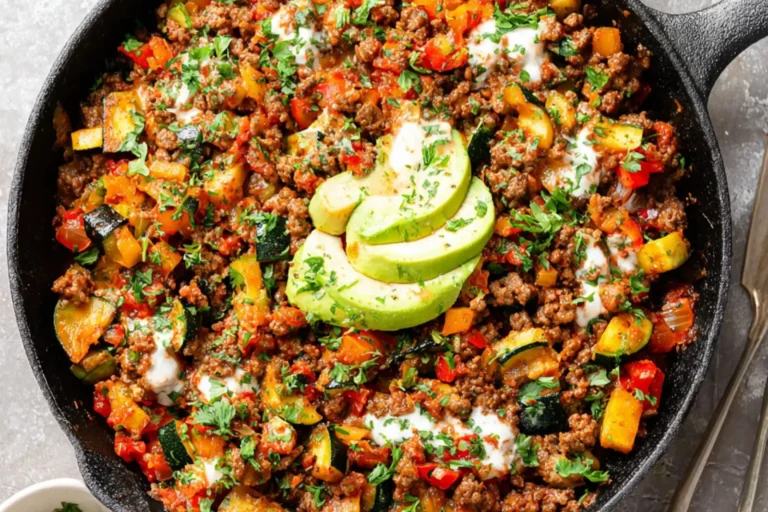 GROUND BEEF ZUCCHINI SKILLET recipe, served and ready to eat, easy homemade dish
