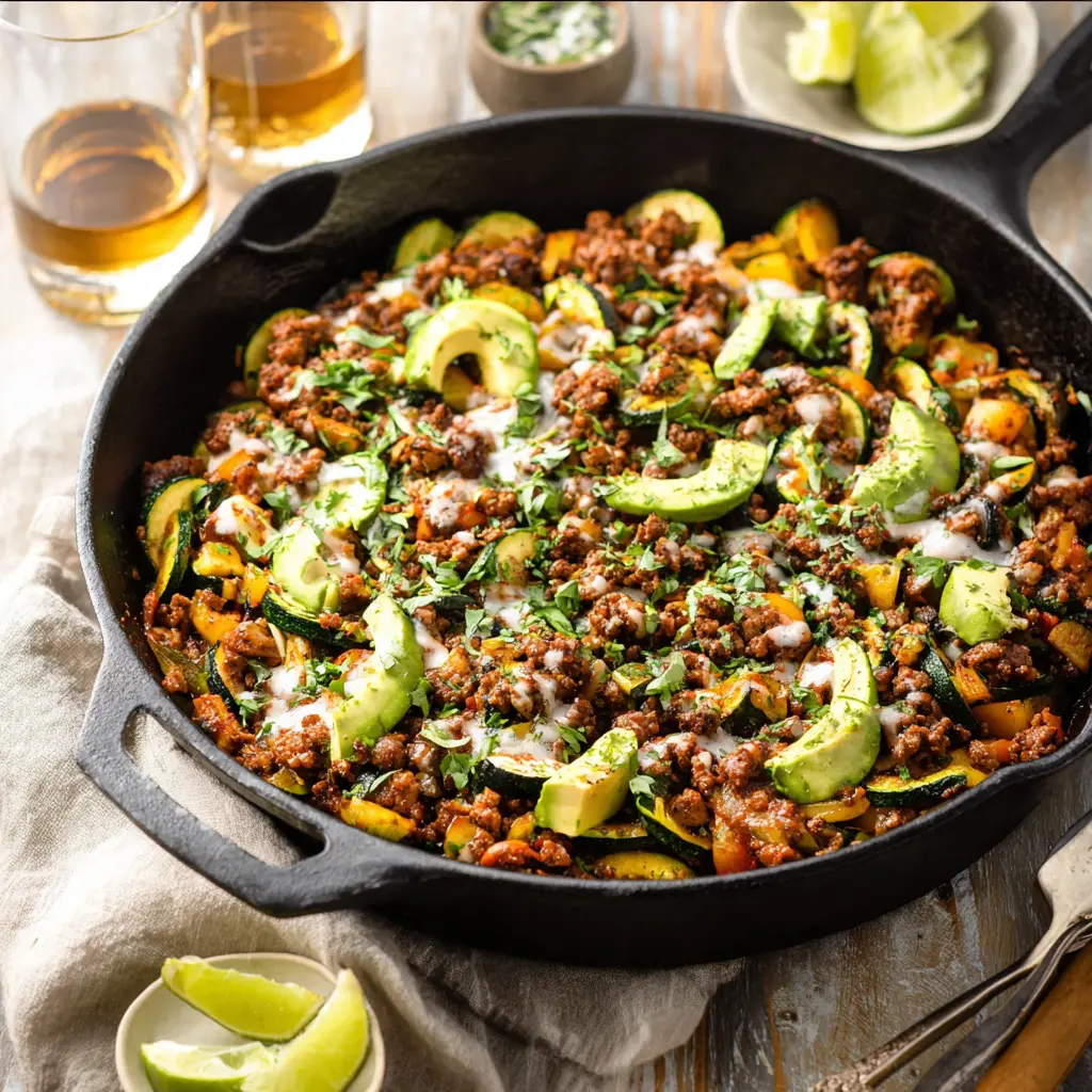 Ground beef zucchini skillet served in a pan, ready to eat