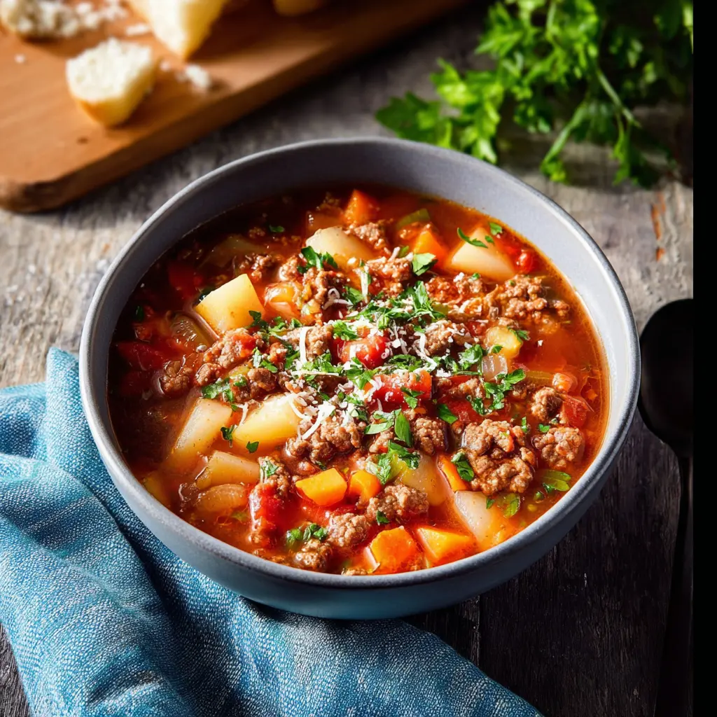 Hamburger soup made in the crockpot, served in a bowl and ready to eat