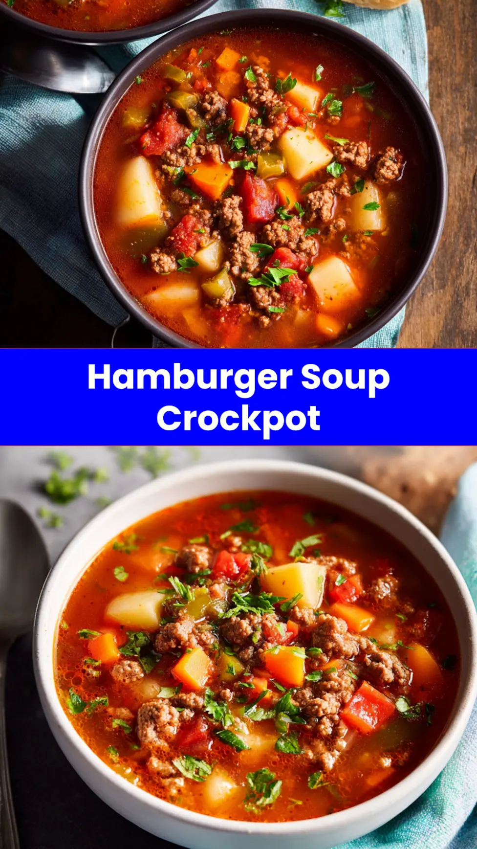 Crockpot hamburger soup recipe shown served in a bowl, ready to eat