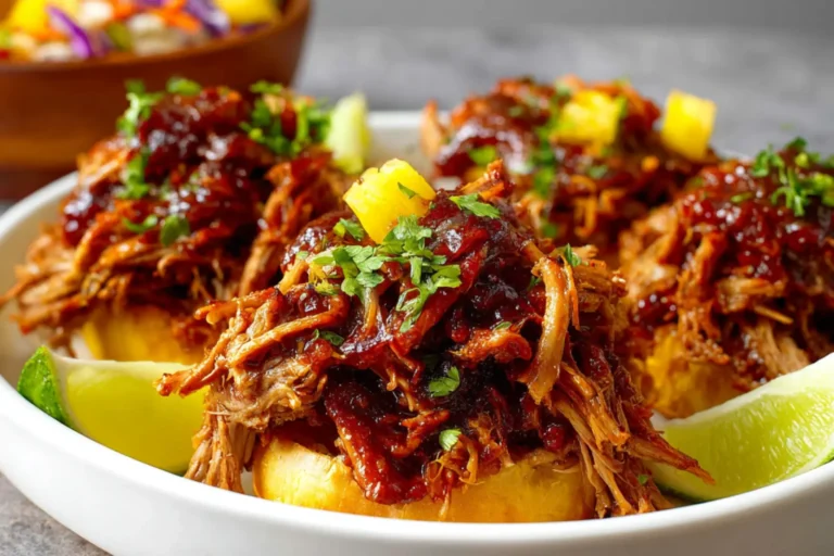 Hawaiian Pulled Pork Slow Cooker recipe, served and ready to eat, easy homemade dish