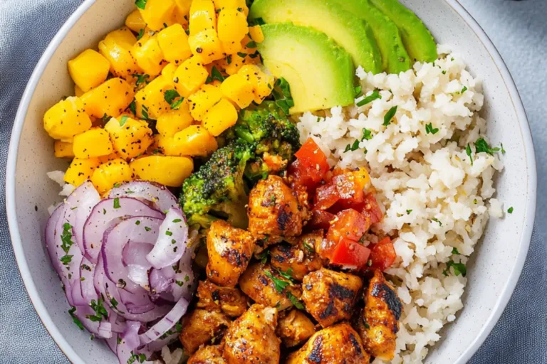 HIGH PROTEIN CHICKEN BOWL recipe, served and ready to eat, easy homemade dinner