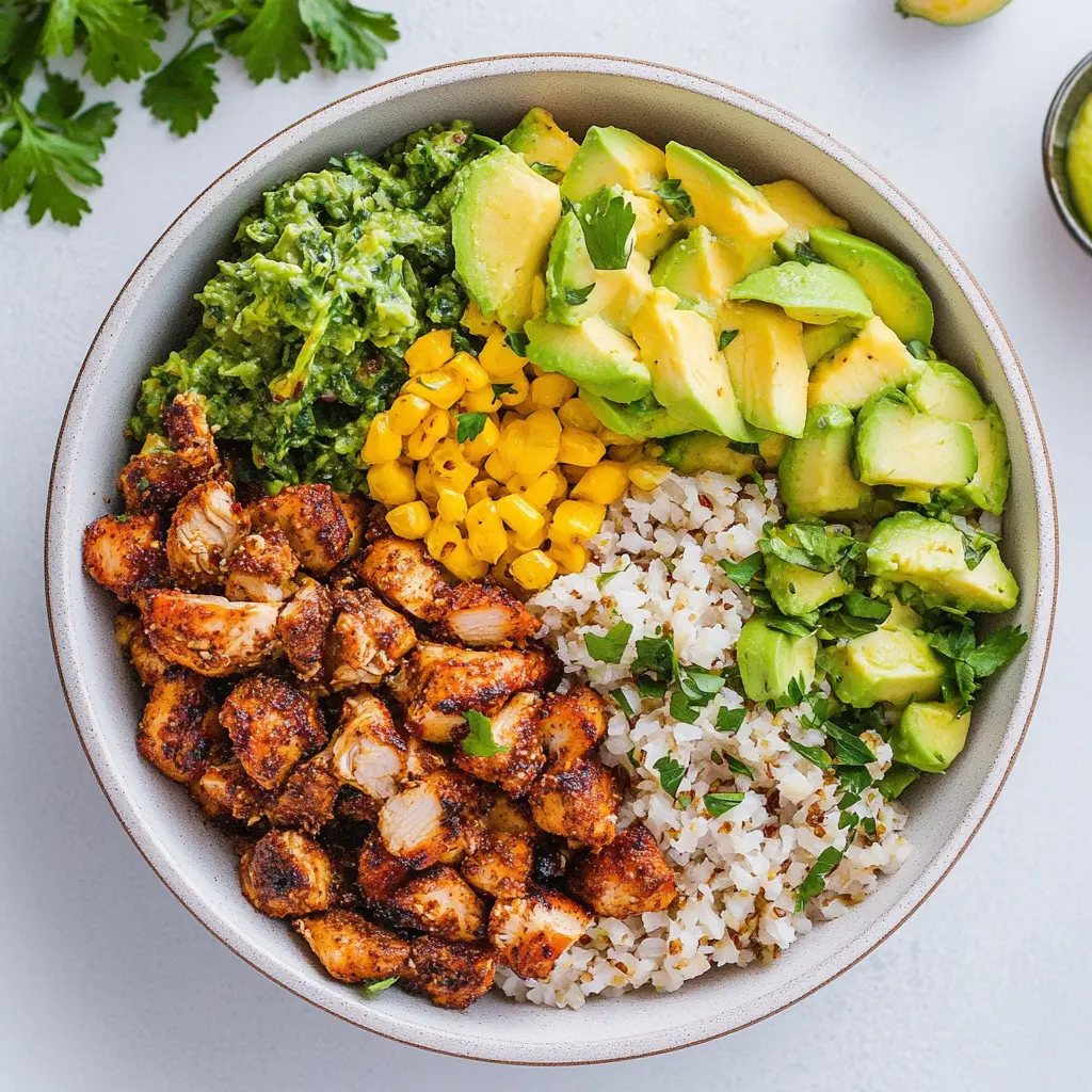 High protein chicken bowl with chipotle marinated chicken, cilantro lime rice, black beans, and fresh vegetables