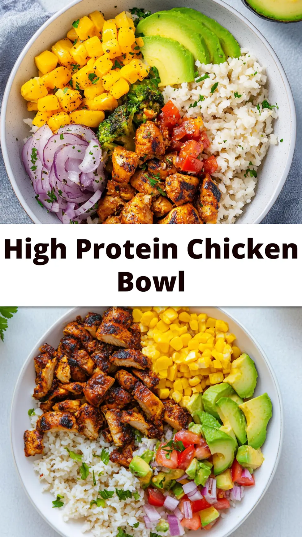 High protein chicken bowl meal prep with smoky chipotle chicken and cilantro lime rice