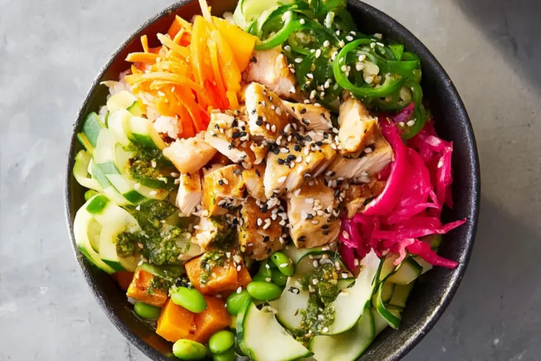 High Protein Chicken Poke Bowl recipe, served and ready to eat, easy homemade dinner