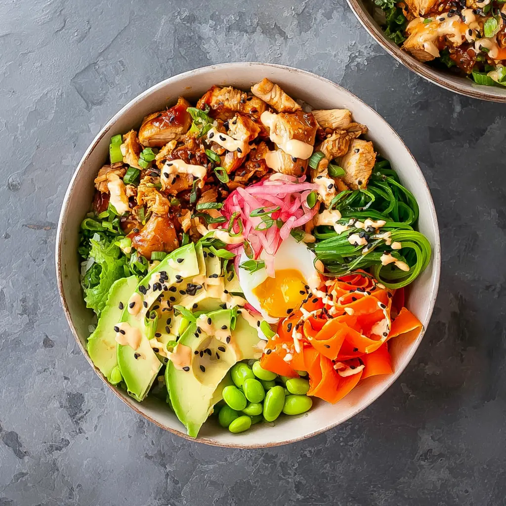 High Protein Chicken Poke Bowl recipe, served and ready to eat, easy homemade dinner