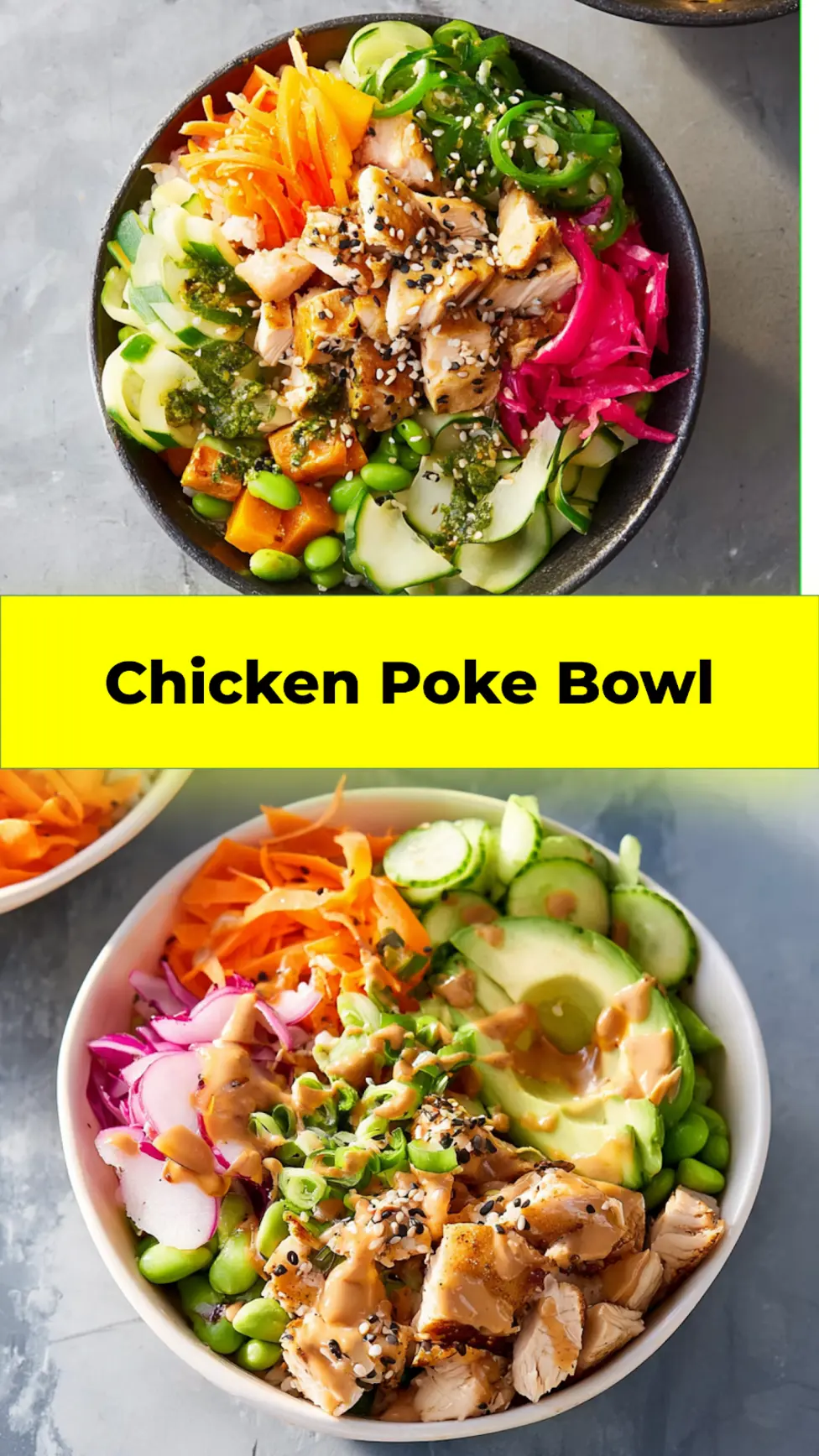 High Protein Chicken Poke Bowl recipe, served and ready to eat, easy homemade dinner