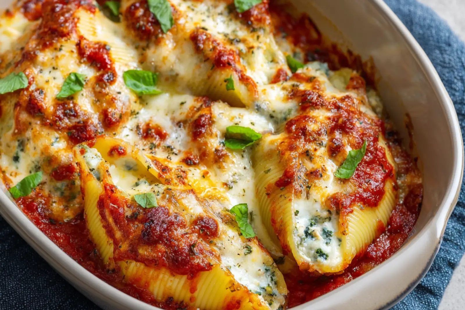 High Protein Cottage Cheese Stuffed Shells recipe, served and ready to eat, easy homemade dinner