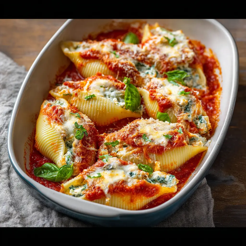 High Protein Cottage Cheese Stuffed Shells recipe, served and ready to eat, easy homemade dinner