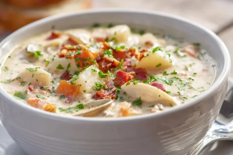 Homemade Creamy Clam Chowder recipe, served and ready to eat, easy homemade dinner
