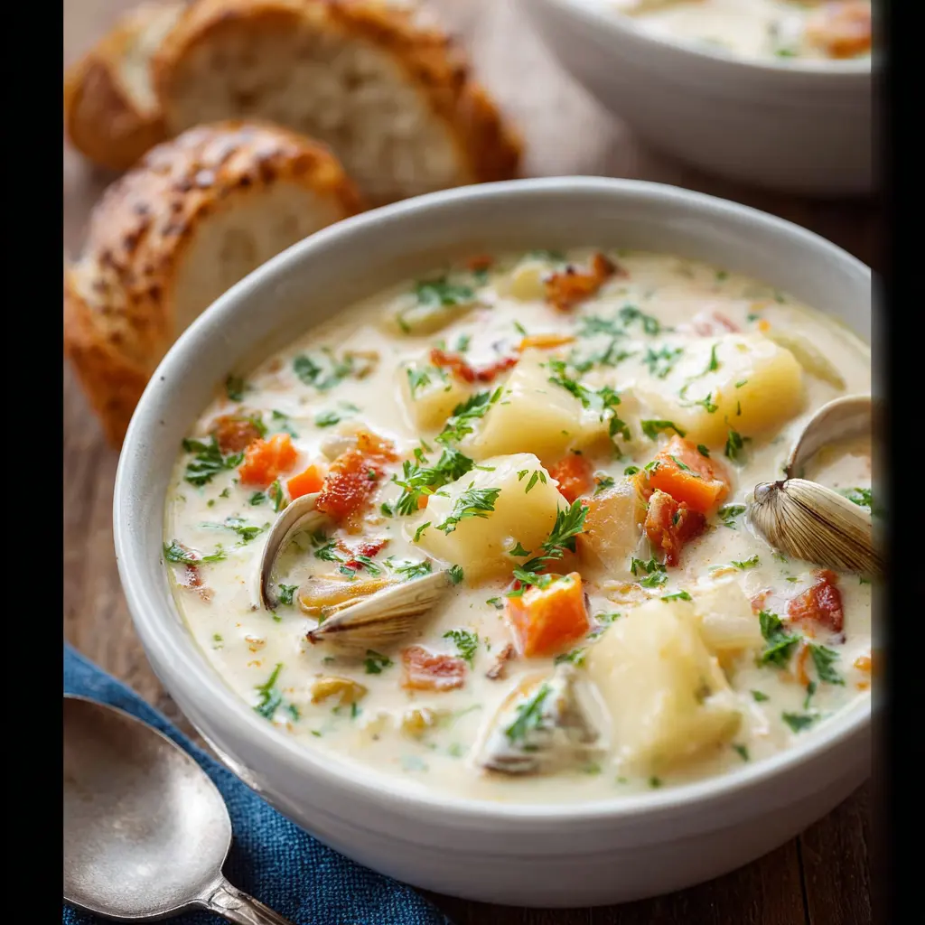 Clam Chowder Homemade Creamy Recipe That Warms Your Heart 3 Homemade Creamy Clam Chowder recipe, served and ready to eat, easy homemade dinner