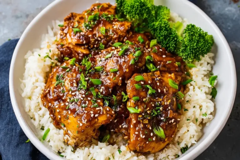 Honey Garlic Chicken Slow Cooker recipe, served and ready to eat, easy homemade dinner