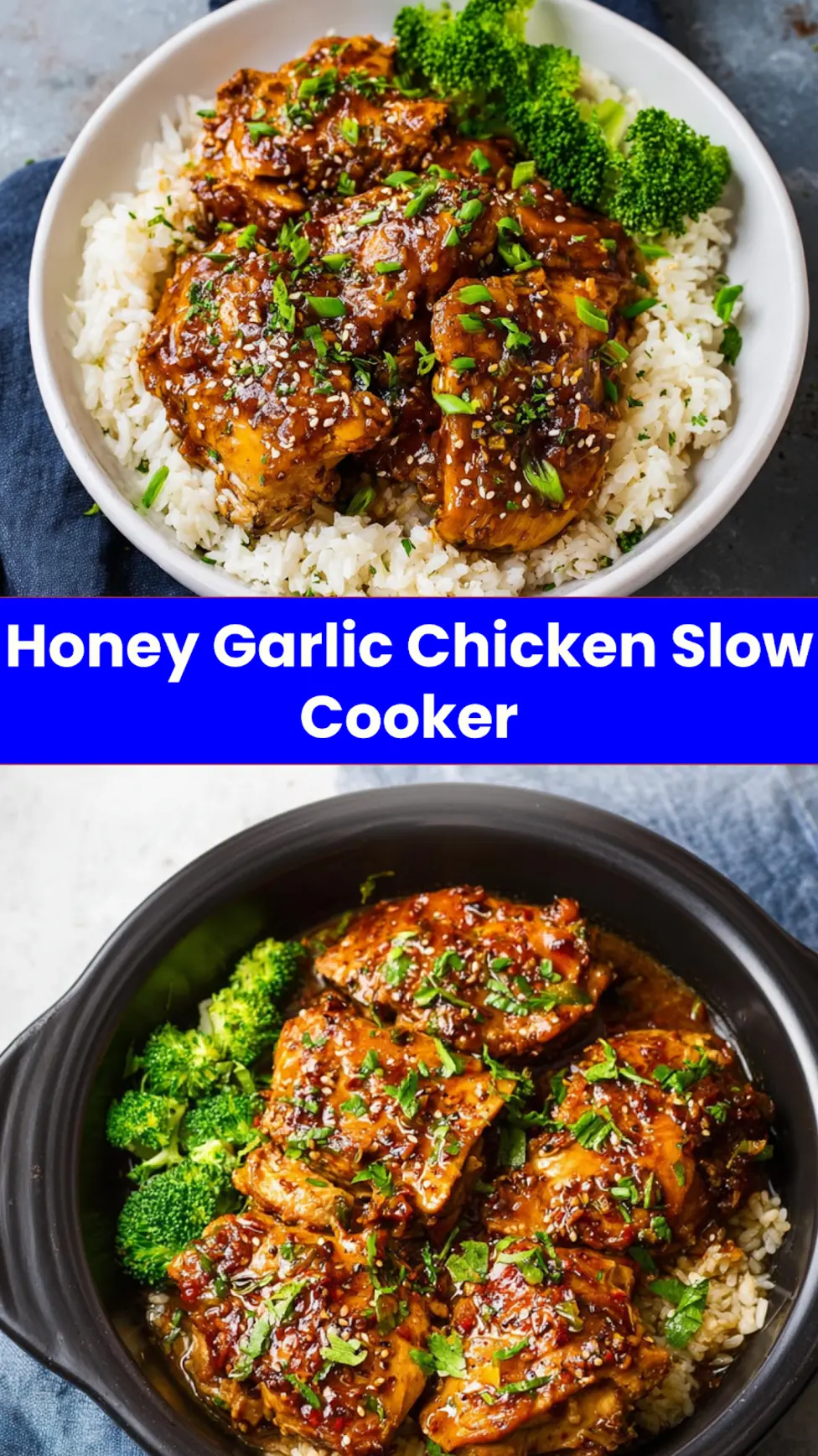 Honey Garlic Chicken Slow Cooker recipe, served and ready to eat, easy homemade dinner