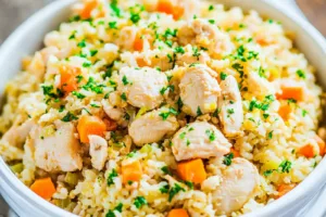 INSTANT POT CHICKEN AND RICE recipe, served and ready to eat, easy homemade dinner