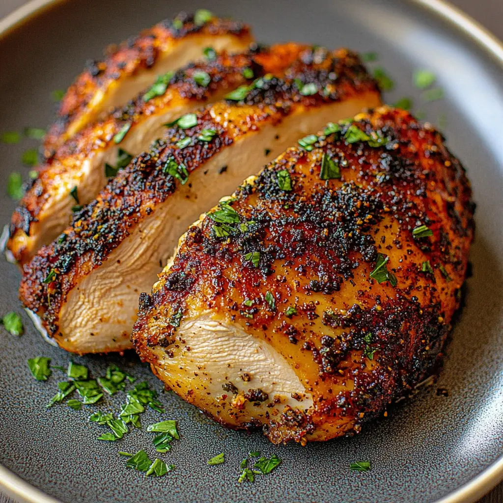 Juicy air fryer chicken breast served and ready to eat, easy homemade dinner