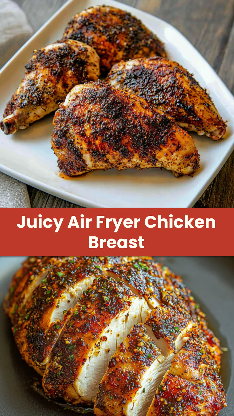 Juicy air fryer chicken breast recipe, served and ready to eat, easy homemade dinner