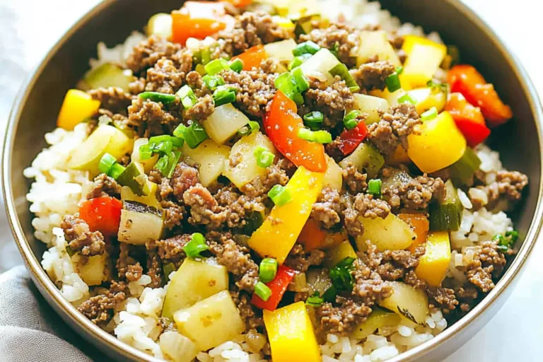 KOREAN GROUND BEEF RICE BOWL recipe, served and ready to eat, easy homemade dinner