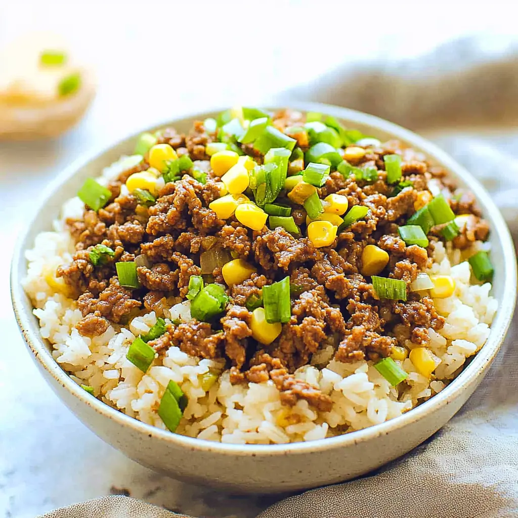 Korean Ground Beef Rice Bowl recipe, served and ready to eat, easy homemade dinner