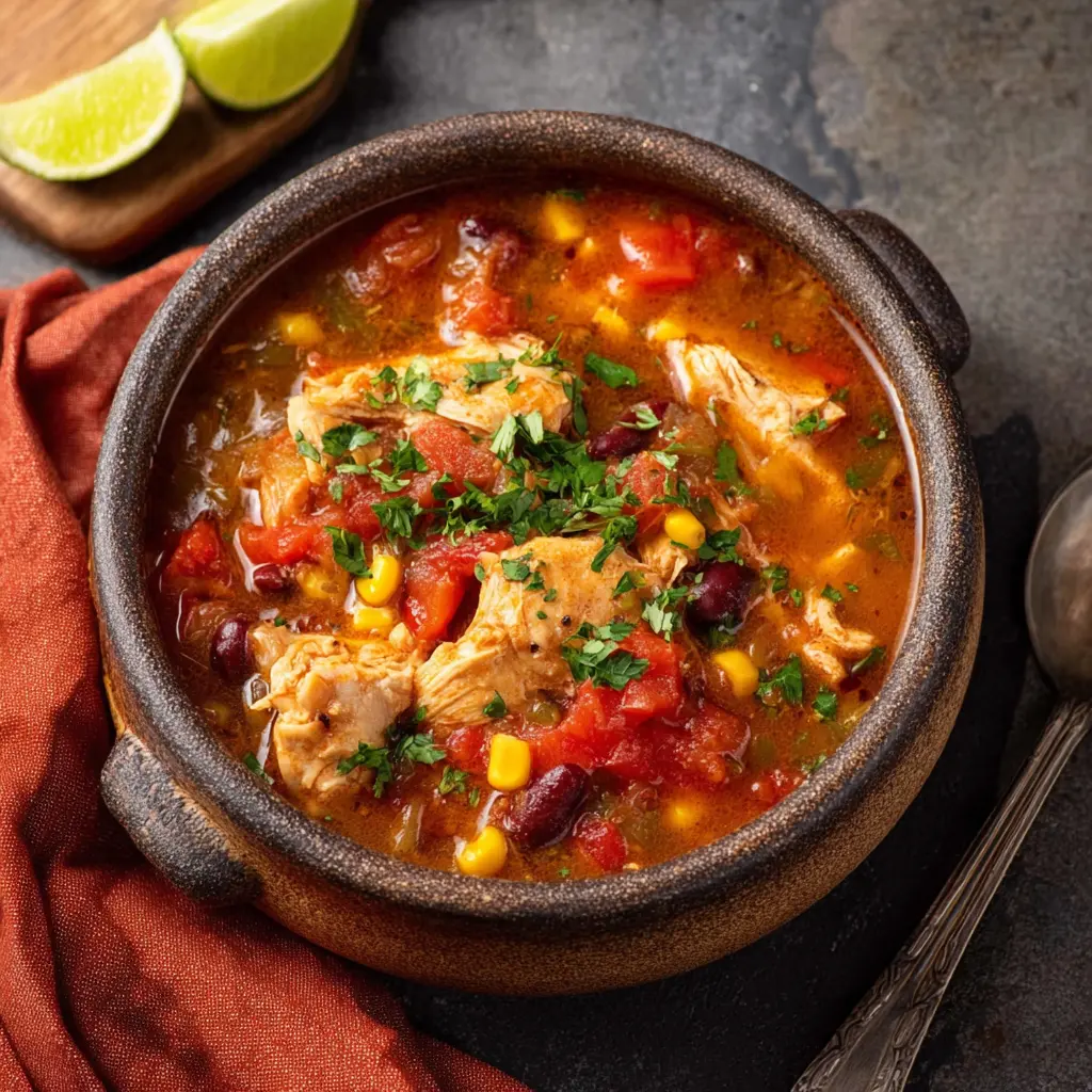 Mexican Chicken Stew Slow Cooker recipe, served and ready to eat, easy homemade dinner