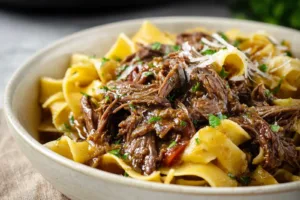 Mississippi Beef Noodles Crockpot recipe, served and ready to eat, easy homemade dinner