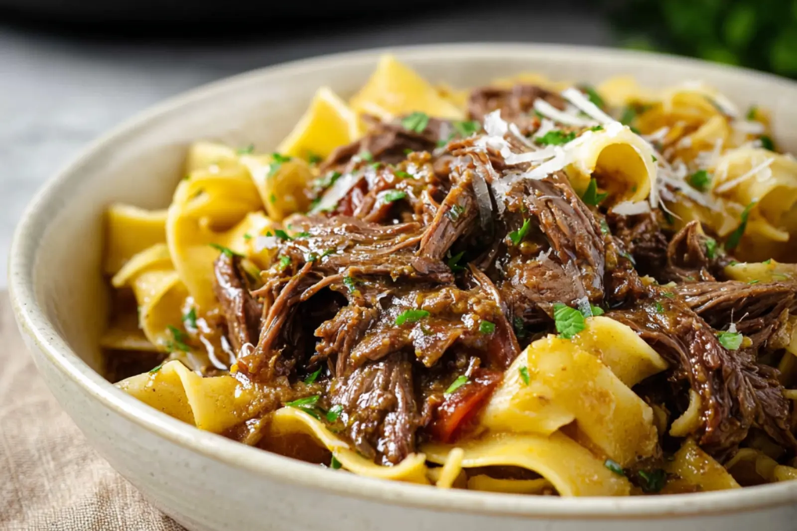 Mississippi Beef Noodles Crockpot recipe, served and ready to eat, easy homemade dinner