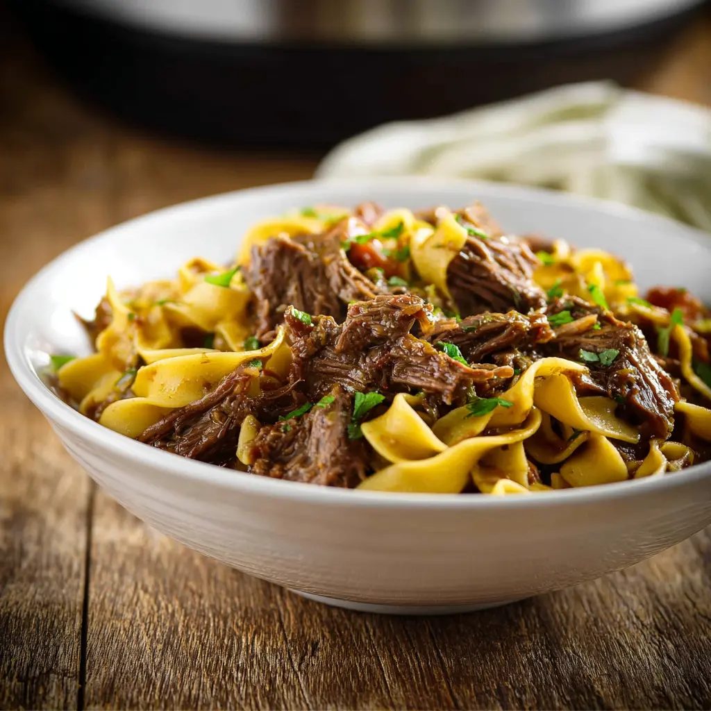 Mississippi Beef Noodles Crockpot recipe, served and ready to eat, easy homemade dinner