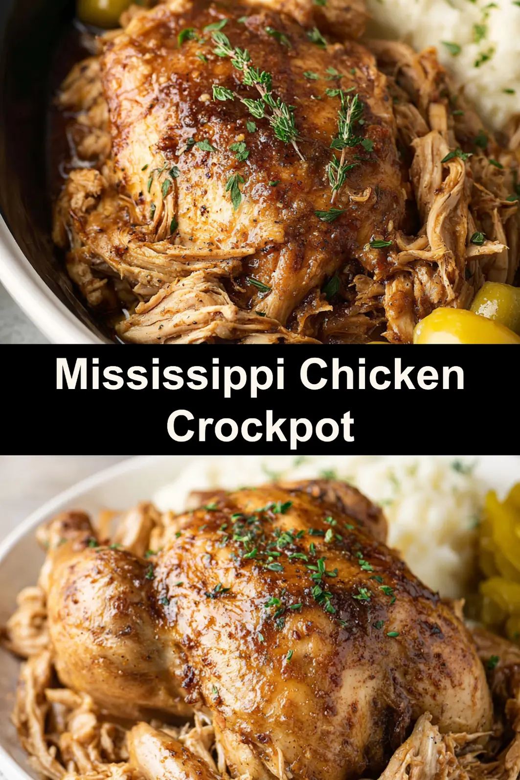 Mississippi Chicken Crockpot recipe served and ready to eat  easy homemade dinner pin
