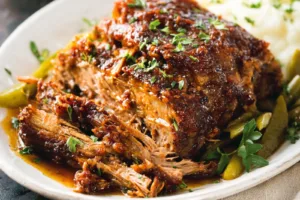 Mississippi Pork Roast Slow Cooker recipe, served and ready to eat, easy homemade dinner